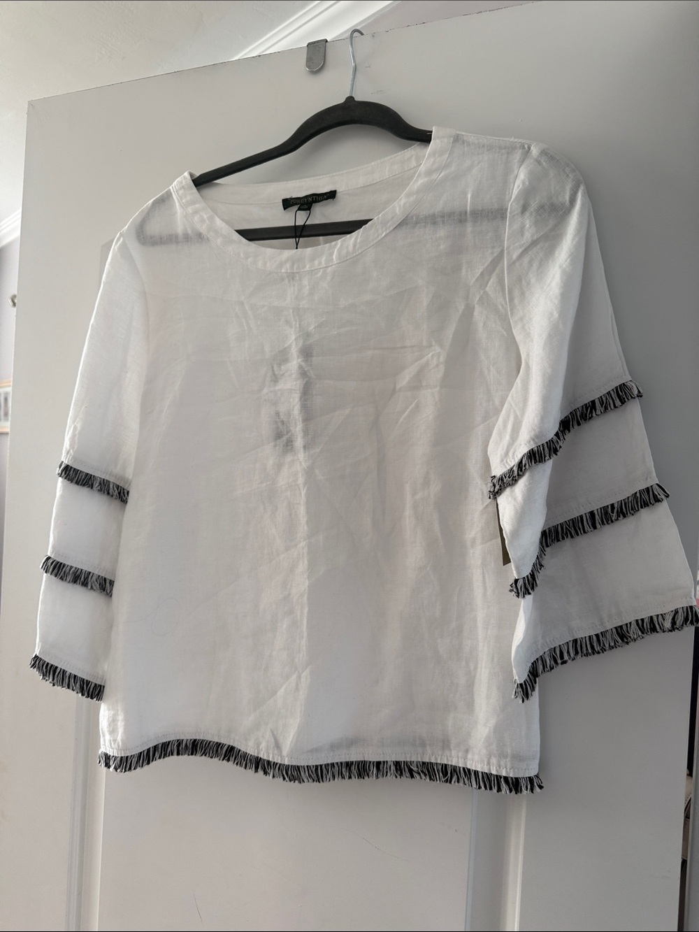 Womens White Fringe Trim Linen Blend Top